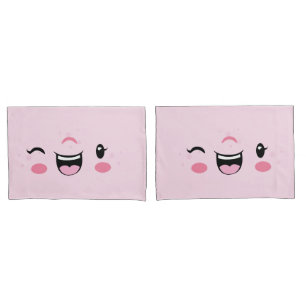 Pink Winking Kawaii Face Pillow Case Set