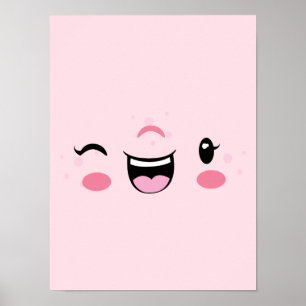 Pink Winking Kawaii Face Poster Print