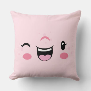 Pink Winking Kawaii Face Throw Pillow
