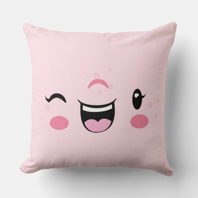 Pink Winking Kawaii Face Throw Pillow (Front)