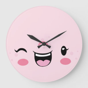 Pink Winking Kawaii Face Wall Clock