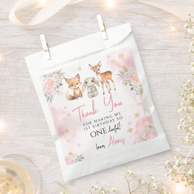 Pink winter 1st girl birthday thank you favour bag (Clipped)