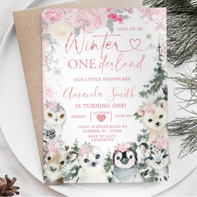 Pink Winter Animal Onederland Snowflake Birthday Invitation (Creator Uploaded)