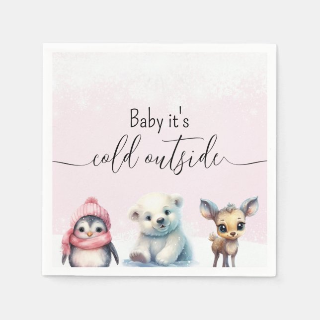 Pink Winter Animals Cold Outside Baby Shower Napkin (Front)