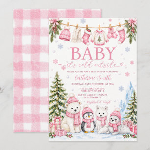 Pink Winter arctic animals Baby Shower Clothesline Invitation