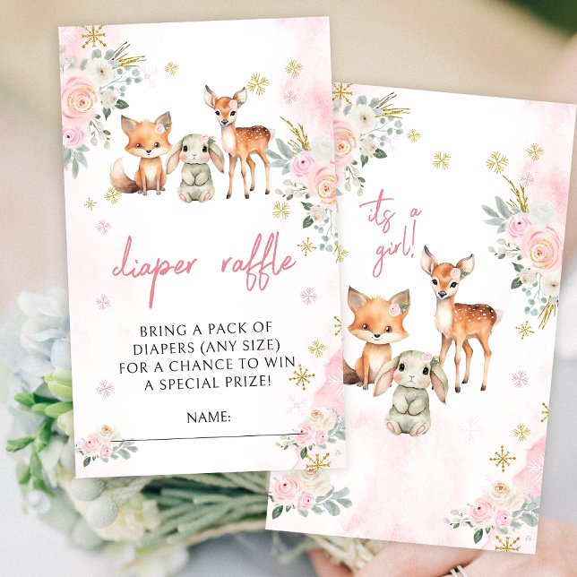 Pink winter baby girl shower diaper raffle cards (Creator Uploaded)