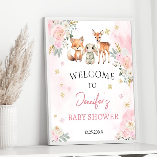 Pink winter baby girl shower welcome sign poster (Creator Uploaded)