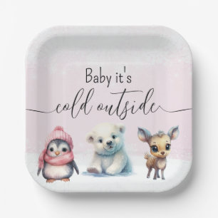 Pink Winter Baby It's Cold Outside Baby Shower Paper Plate