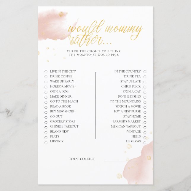 Pink Winter Baby Shower Game Would Mummy Rather (Front)