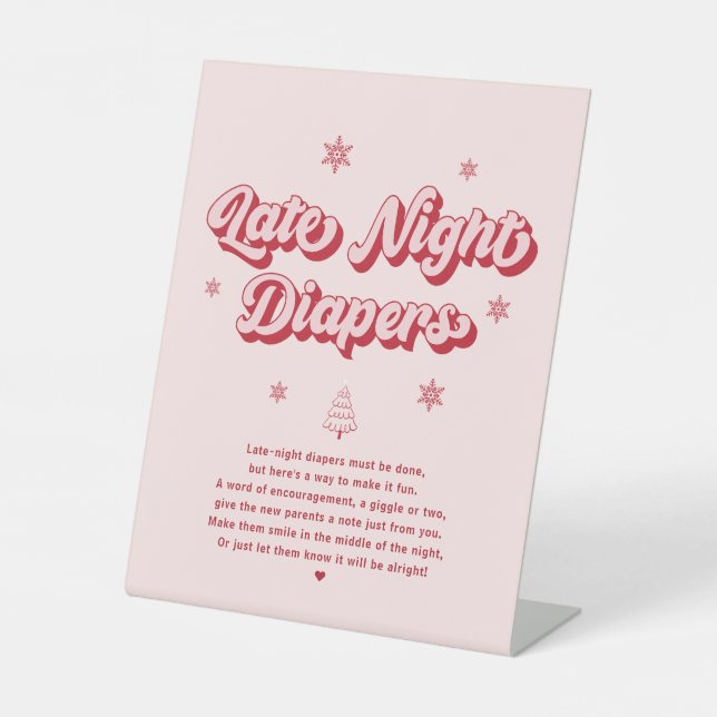 Pink Winter Baby Shower  Late Night Diapers Game Pedestal Sign (Front)