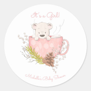 Pink Winter Bear Girl Baby Shower Classic Round Sticker