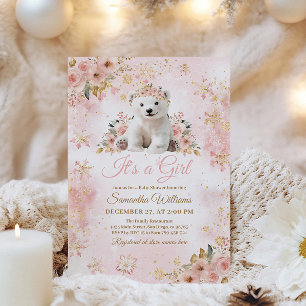 Pink Winter Bear Its a Girl Baby Shower Invitation