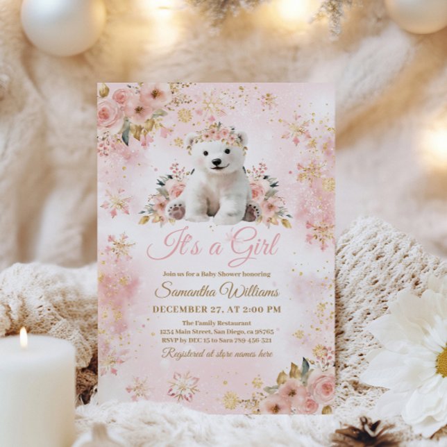 Pink Winter Bear Its a Girl Baby Shower Invitation (Creator Uploaded)