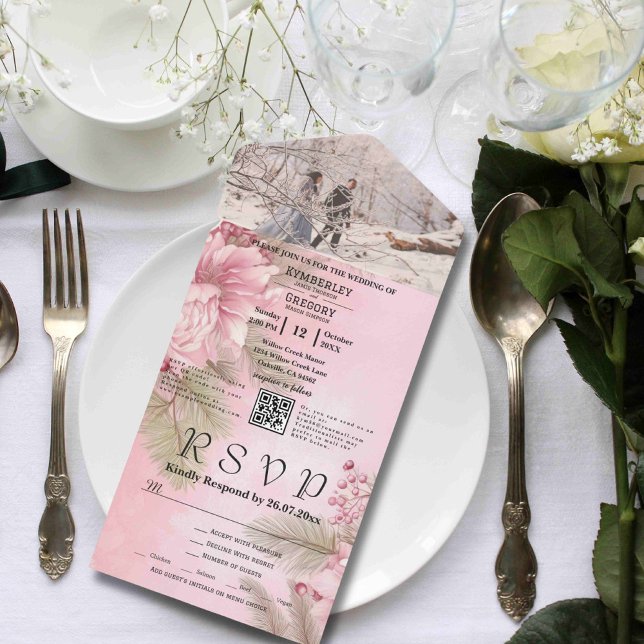 Pink Winter Berry Floral Christmas Minimal QR Code All In One Invitation (Creator Uploaded)