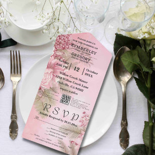 Pink Winter Berry Floral Christmas Minimal QR Code All In One Invitation