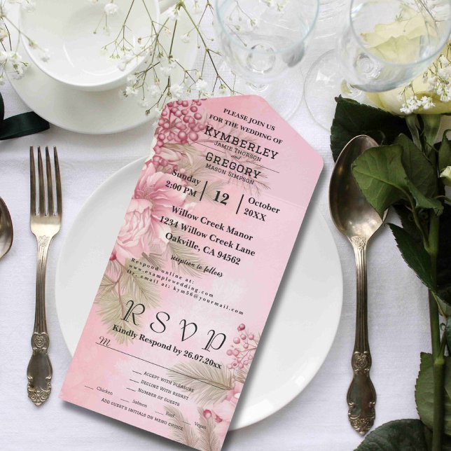 Pink Winter Berry Floral Christmas Minimalist All In One Invitation (Creator Uploaded)