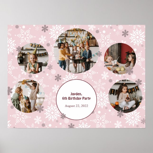 Pink Winter Birthday Party Photo Collage Template  Poster (Front)