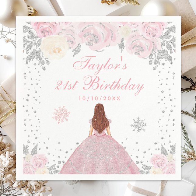 Pink Winter Brown Hair Princess Birthday Party Napkin (Creator Uploaded)