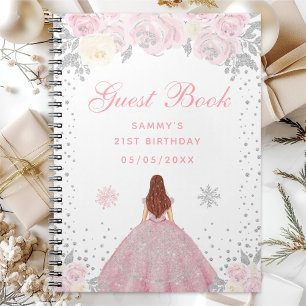 Pink Winter Brown Hair Princess Birthday Party Notebook