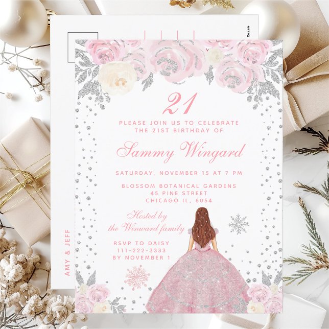 Pink Winter Brown Hair Princess Birthday Party Postcard (Creator Uploaded)