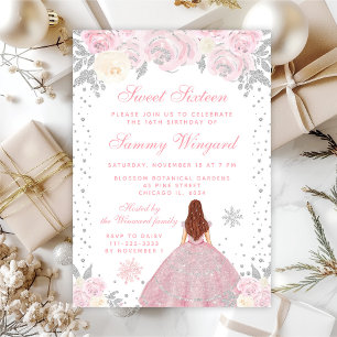 Pink Winter Brown Hair Princess Sweet Sixteen Invitation