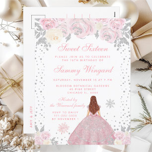 Pink Winter Brown Hair Princess Sweet Sixteen Postcard