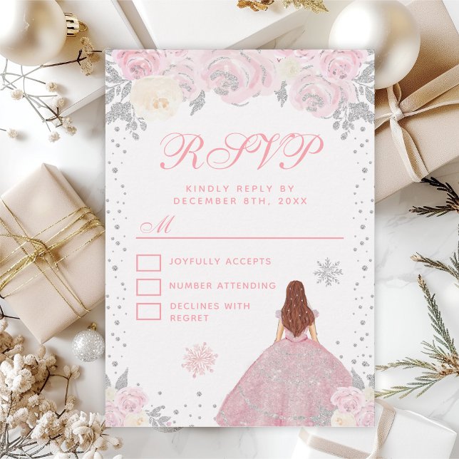 Pink Winter Brown Hair Princess Sweet Sixteen RSVP Card (Creator Uploaded)