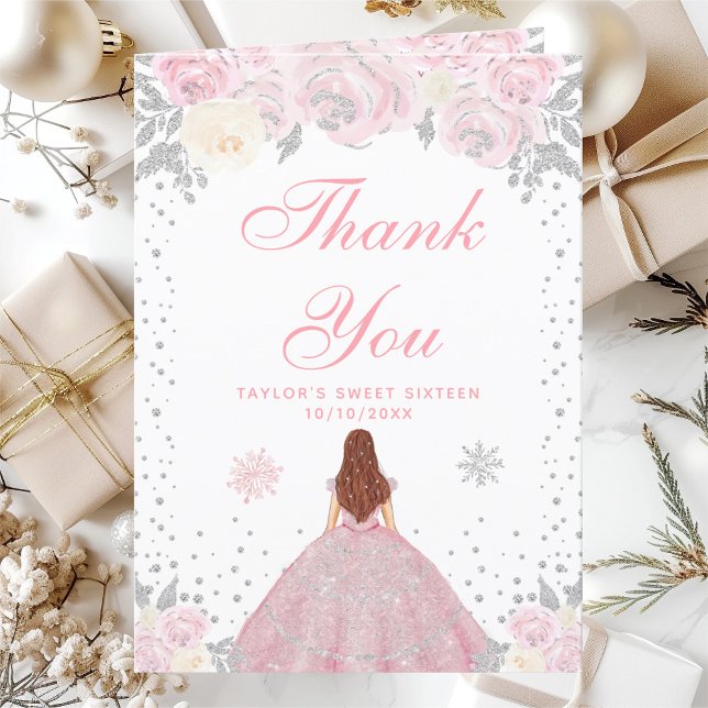 Pink Winter Brown Hair Princess Sweet Sixteen Thank You Card (Creator Uploaded)