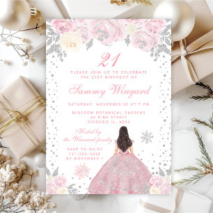 Pink Winter Brunette Hair Princess Birthday Party Invitation
