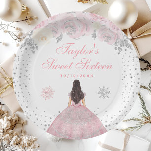Pink Winter Brunette Hair Princess Sweet Sixteen Paper Plate