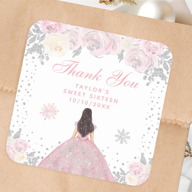 Pink Winter Brunette Hair Princess Sweet Sixteen Square Sticker (Creator Uploaded)