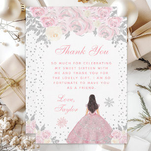 Pink Winter Brunette Hair Princess Sweet Sixteen Thank You Card
