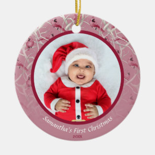 Pink Winter Cardinal Baby Personalised Photo Ceramic Ornament