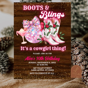 Pink Winter Christmas Boots and Blings Birthday Invitation