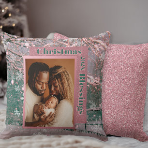 Pink Winter Christmas Family Photo Cushion