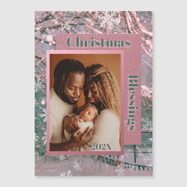 Pink Winter Christmas Family Photo Magnetic Card (Front)