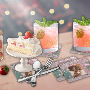 Pink Winter Christmas Family Photo Paper Coaster