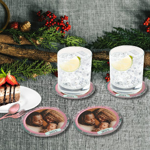 Pink Winter Christmas Family Photo Round Paper Coaster