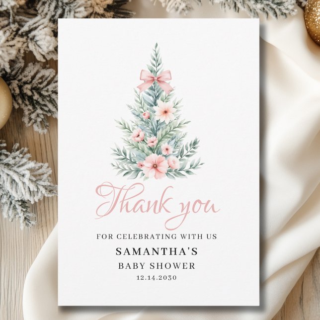 Pink Winter Christmas Girl Baby Shower Thank You Card (Creator Uploaded)