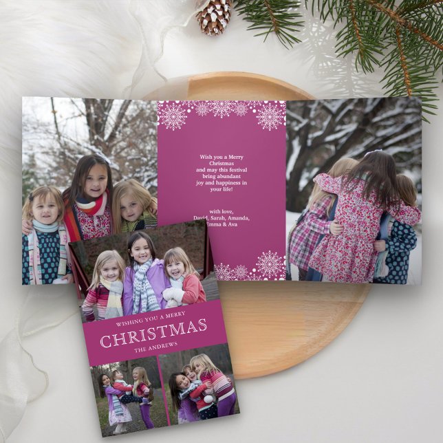 Pink Winter Christmas Photo Collage Tri-Fold Holiday Card (Creator Uploaded)