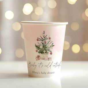 Pink winter Christmas tree baby shower Paper Cups