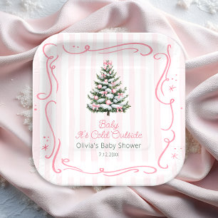 Pink Winter Christmas Tree Baby Shower Paper Plate