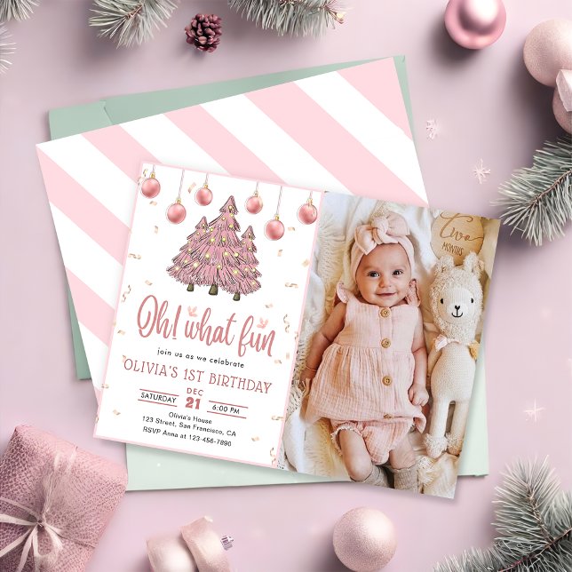 Pink Winter Christmas Trees Birthday Party Photo Invitation (Creator Uploaded)