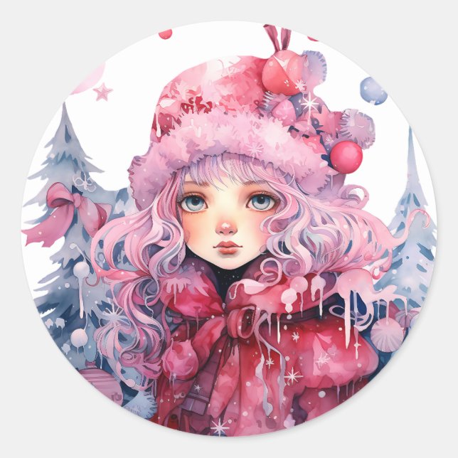 Pink Winter Coat Cute Big Eyes Girl Christmas Snow Classic Round Sticker (Front)