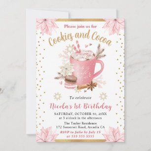 Pink Winter Cookies and Cocoa 1st Birthday Invitation