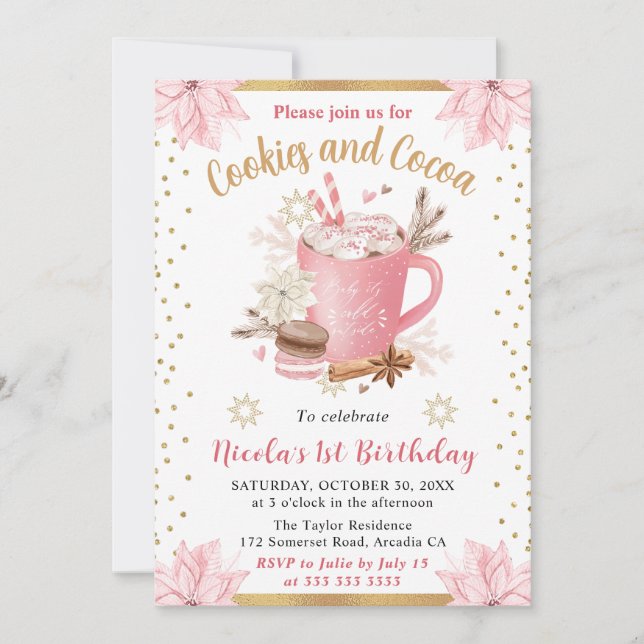 Pink Winter Cookies and Cocoa 1st Birthday Invitation (Front)
