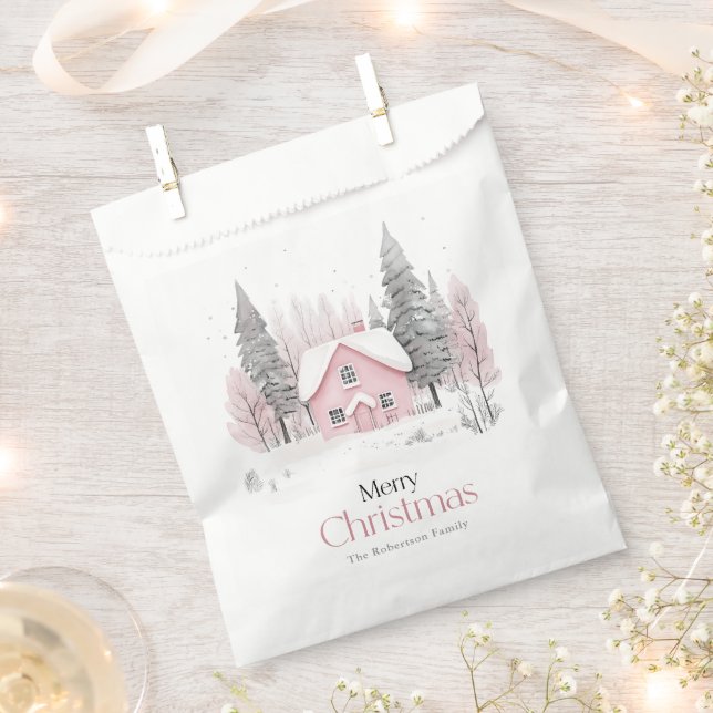 Pink Winter Cottage Christmas Favour Bag (Clipped)