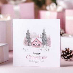 Pink Winter Cottage Christmas Greeting card