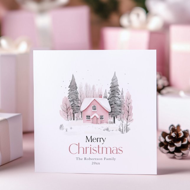 Pink Winter Cottage Christmas Greeting card (Creator Uploaded)