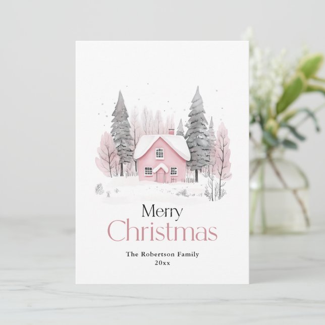 Pink Winter Cottage Christmas Holiday Card (Standing Front)